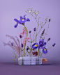 Against a periwinkle-purple background, lavender, iris, and mastic plants among others are neatly arranged behind a perfume bottle, labeled 