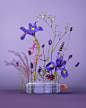 静物摄影与维多利亚和卢奇诺香水在紫罗兰背景与鸢尾花和薰衣草花