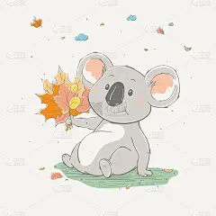 可爱的,动物,卡通,树袋熊,黄色,秋天,叶子,花束,安逸,动物主题