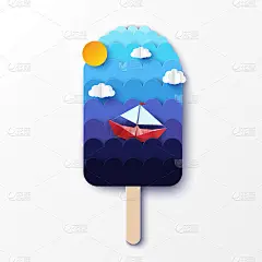 用蓝色的海或海浪加上船、太阳和云彩做成的剪纸冰淇淋。暑假的概念。现代纸艺设计