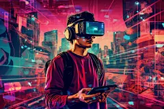 头戴设备赛博朋克几何VR眼镜人物插画图片