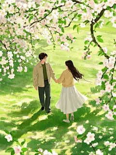 手绘插画，情人节氛围，甜蜜互动，俯视图，柔焦效果，一对情侣在杏花树下牵手漫步，柔顺的长发，微风，动态，柔和的阳光洒在他们身上，形成美丽的光影，浅白、淡黄为主色调，浪漫纯真风格，朦胧模糊，动感，极简主义，特写，中式美学，高清，超清画质，超高分辨率，杰作，杰作，暖。