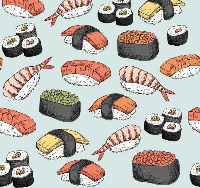 美味寿司料理无缝背景矢量素材，素材格式：...