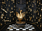 The Golden Goose : Inspired by fairy tales and Moroccan architecture, we created a room in which a shining, golden goose is caged, her eggs collected one by one and suspended inside arches carved into the walls. The goose is made entirely out of golden pa