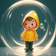 《儿童读物》，作者Paul Klee，一个可爱的小男孩穿着黄色雨衣，异想天开，周围都是巨大的透明泡泡，干净的背景，纯色背景，精细的光泽，3D艺术，C4D，3D渲染，光影，景深，16K，超级细节，超质量，非常高的细节