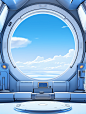 lass window of a spaceship in a galaxy, in the style of computer-aided manufacturing, realistic interiors, sky-blue and white, soft and rounded forms, ricoh ff-9d, cartoon mis-en-scene, playful machines