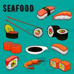 美食 日式 三文鱼寿司 天妇罗 日本料理 寿司 矢量图 设计素材-淘宝网