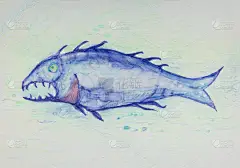 蓝绿色海水中的蓝色梦幻大鱼。边缘附近的研磨技术由于纸张表面粗糙度的改变而产生了软聚焦效果.