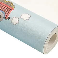 黄绿红卡通小汽车图案男孩卧室壁纸蓝色无纺布AB版腰线儿童房墙纸-tmall.com天猫