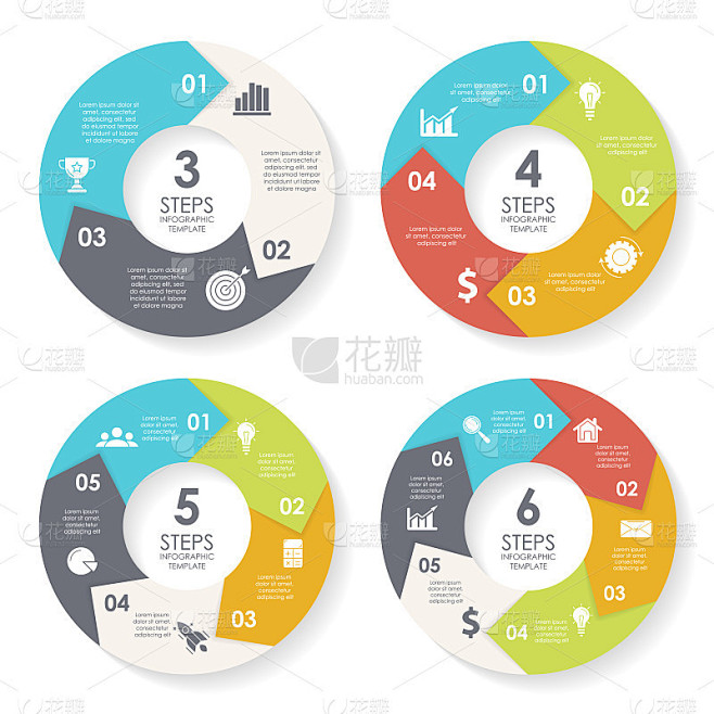 为圆形图，选项，网页设计，图形和圆形信息图设置模板。商业概念有3、4、5、6个元素、步骤或选项。素材-花瓣网