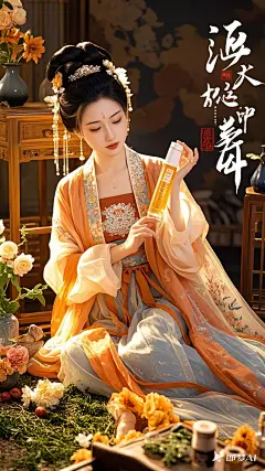 医美海报，古风，东方美学，玻尿酸，梦幻，古典美女，产品展示，古风元素，大师级构图，中国风，抗衰，美容，美业，电影构图，景深，橘色调 (2)