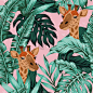 tropical leaves giraffe seamless pattern pink