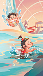 女宝男宝在水上乐园游泳滑滑梯跳水图片素材