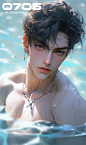 an image of a man in the water with his shirt off and necklace around his neck