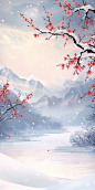 大雪节气海报背景，梅花，冰面，雪山，AI场景