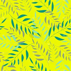 黄色背景上树叶的剪影。