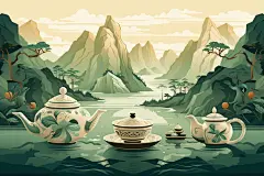 茶壶山水手绘中国风插画