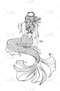 美人鱼,看风景,动物背脊,可爱的,公主,女人,自然美,小的,头发,童话故事