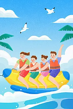 手绘插画蓝色夏天夏季卡通人物在玩水海报