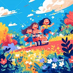 儿童节海报，平面插画，三个快乐的孩子，前景非常鲜艳的花朵和绿