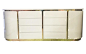 Stylish, 1970s-era,  Art Deco-style, smooth lacquered dresser with brass accents, eight drawers, and side door storage. Condition is excellent for its age. This piece was made in Italy.