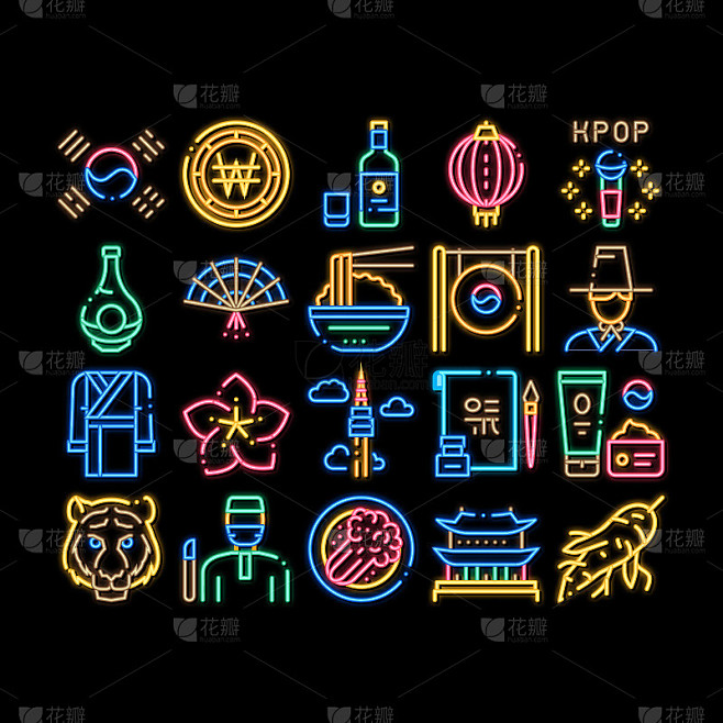 韩国传统霓虹灯图标插画