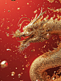 红色背景，纯金中国龙占据画面一角，点缀着中国新年元素，宝石错