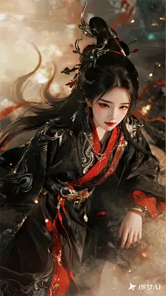 jimeng-2025-07-26-1947-魔族美人，壁纸！玄幻仙侠！妖媚，暗黑系，黑红色色搭配的妆造！繁琐又美丽的发型！