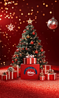 Product photography, commercial shooting style, photo of a stack gifts box, various gift boxes placed on the red carpet in front of it, a Christmas tree decoration next to them, a festive atmosphere, warm colors, bright light, a red wall background, a ful
