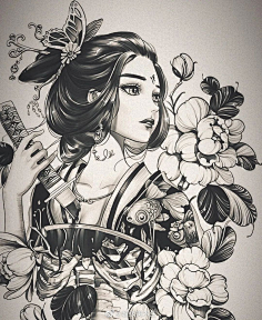 唯美古风黑白纹身女武士采集甄·意采集到黑白中国风黑白装饰画zhan.