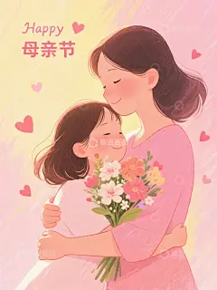 母亲节母女拥抱手绘插画高清模板免费下载-趣麦麦图