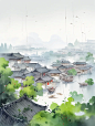 写意江南水乡青泉烟雨，中国古代乡村风光，鸟瞰全景海报