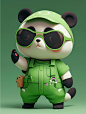 a panda bear wearing green overalls and sunglasses