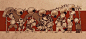 This may contain: an old drawing of some people holding umbrellas in front of a red and white striped background