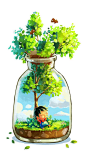 牛奶瓶中的四季-ZyuN_儿插,绘本,四季,生命,树,小孩,落叶_涂鸦王国插画@北坤人素材