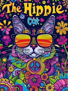 手绘彩色潮流迷幻摇滚嘻哈风格猫咪图案封面海报midjourney关键词咒语