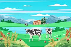 草场湖边草场奶牛在牧场上吃草插画