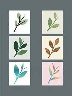 六个不同风格的茶叶枝条插画，每个插画都有纯色背景，造型各异，色彩不同，保持原有的茶叶枝条元素内容，整体规整排布成系列素材集合。风格包括：1. 极简线条风格，黑色线条，白色背景；2. 水彩风格，淡绿色调，米色背景；3. 扁平风格，深绿色块，浅灰色背景；4. 复古风格，棕褐色调，米黄色背景；5. 渐变风格，蓝绿色渐变，白色背景；6. 手绘风格，彩色铅笔质感，浅粉色背景。每个插画中的茶叶枝条造型略有不同，有的叶子更圆润，有的叶脉更清晰，有的枝条更弯曲。整体排列整齐，形成统一的系列感。