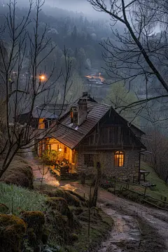 山边小木屋傍晚夜景