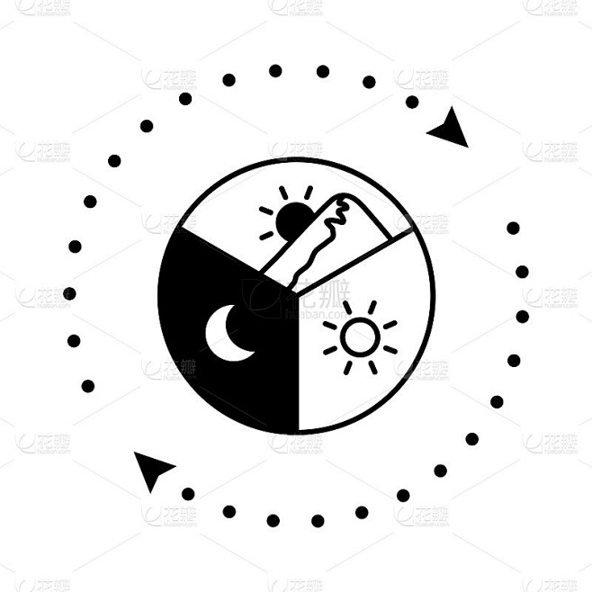 24小时图像插图，早晚。点箭头(线画，黑色)