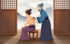 古代人物古风手绘刮痧插画古代室内给男子背部刮痧的医师原创插画海报
