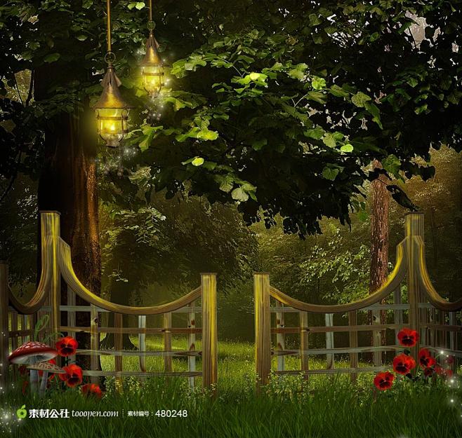 高清后花园木栏杆梦幻幻想背景素材图片设计