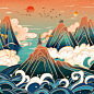 千图网_新中式山水风光国潮渐变噪点肌理浪花插画_图片编号39713116