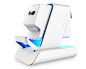 This may contain: an electronic device with a blue light on it's display stand and charging station