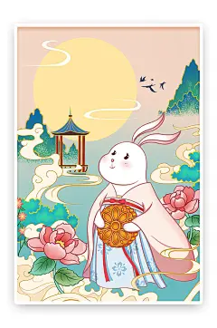 国庆中秋节月亮月饼兔子手绘祥云插画节日海报-众图网