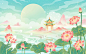 国潮荷花插画手绘国风花卉夏天风景背景夏日植物山水背景_5665237922