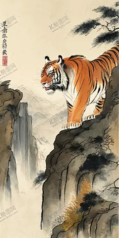 虎踞山崖 【酷图网】水墨画,国画,中国画,老虎,山崖,山涧,高清,壁纸,