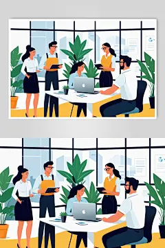AI数字艺术扁平风商务办公场景插画-众图网