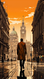 an anime painting of a man walking in the financial district of London, in the style of dark orange and light brown, confucian ideology, graphic novel style, pensive stillness, african influence, brian k. vaughan, francesco hayez