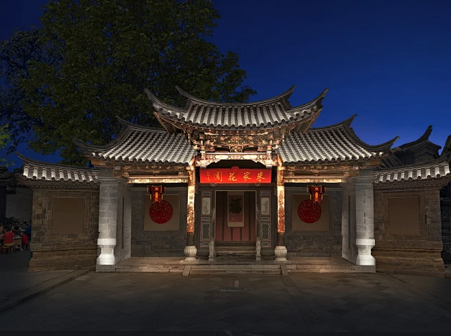 古建大门灯光亮化夜景效果-花瓣网
